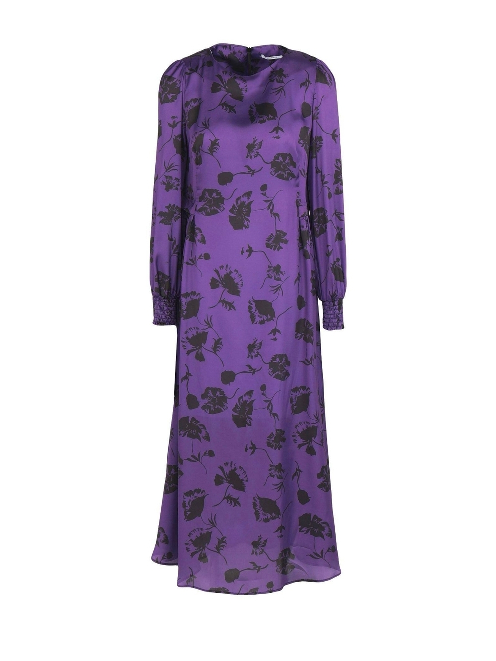 Purple Long-Sleeve Floral Satin Midi Dress
